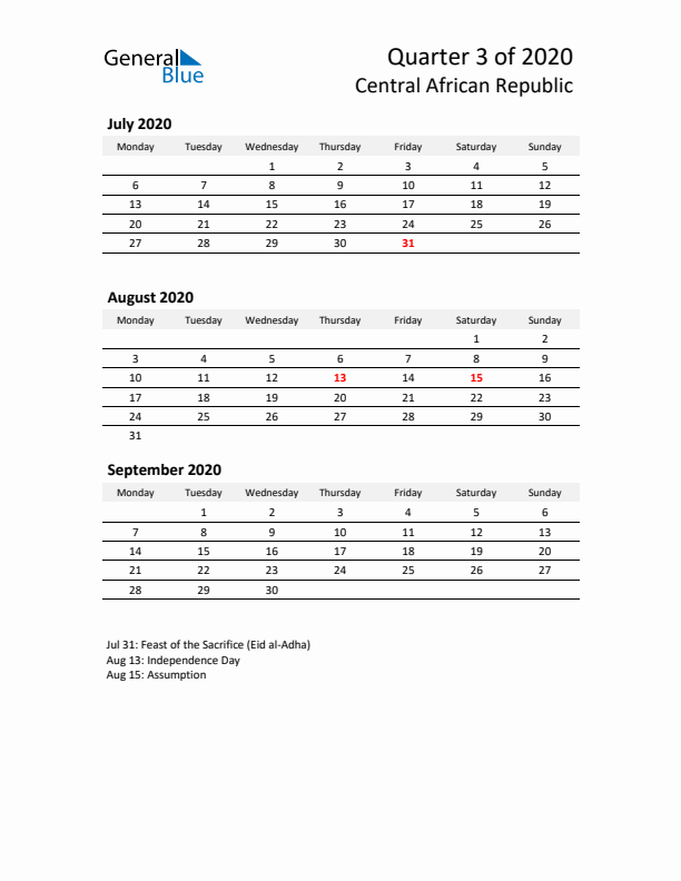 2020 Q3 Three-Month Calendar for Central African Republic