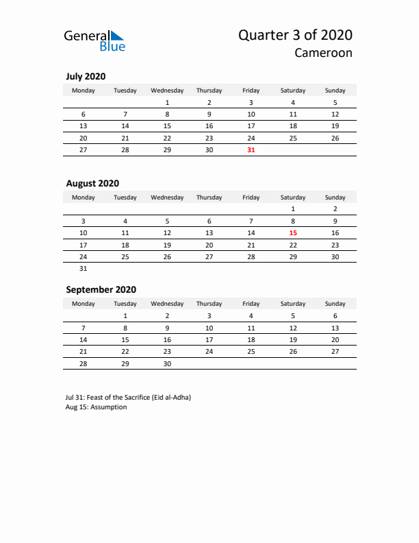 2020 Q3 Three-Month Calendar for Cameroon