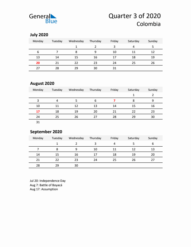 2020 Q3 Three-Month Calendar for Colombia