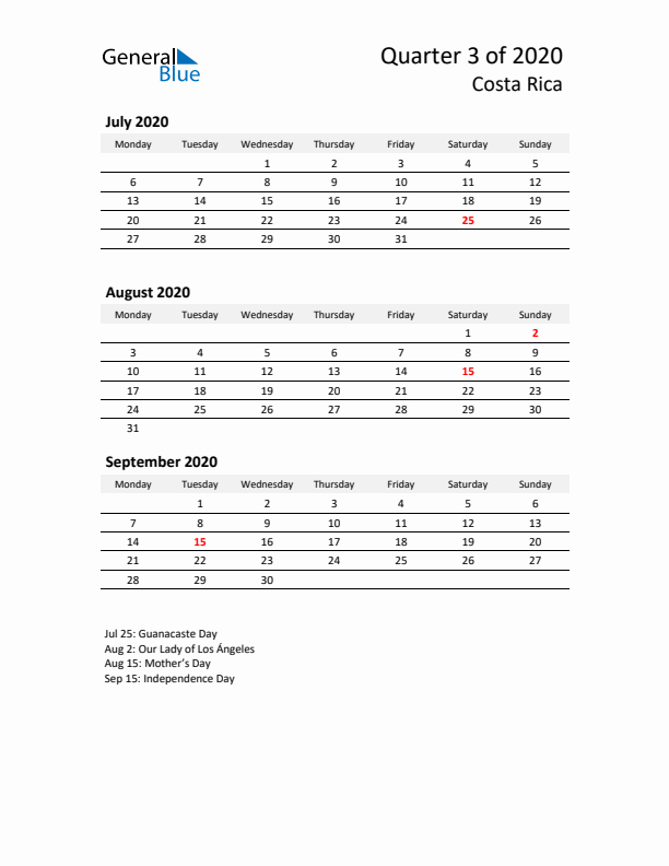 2020 Q3 Three-Month Calendar for Costa Rica