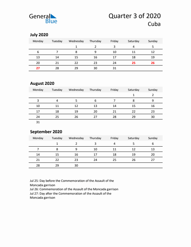 2020 Q3 Three-Month Calendar for Cuba