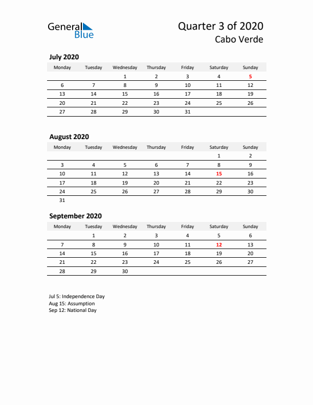 2020 Q3 Three-Month Calendar for Cabo Verde