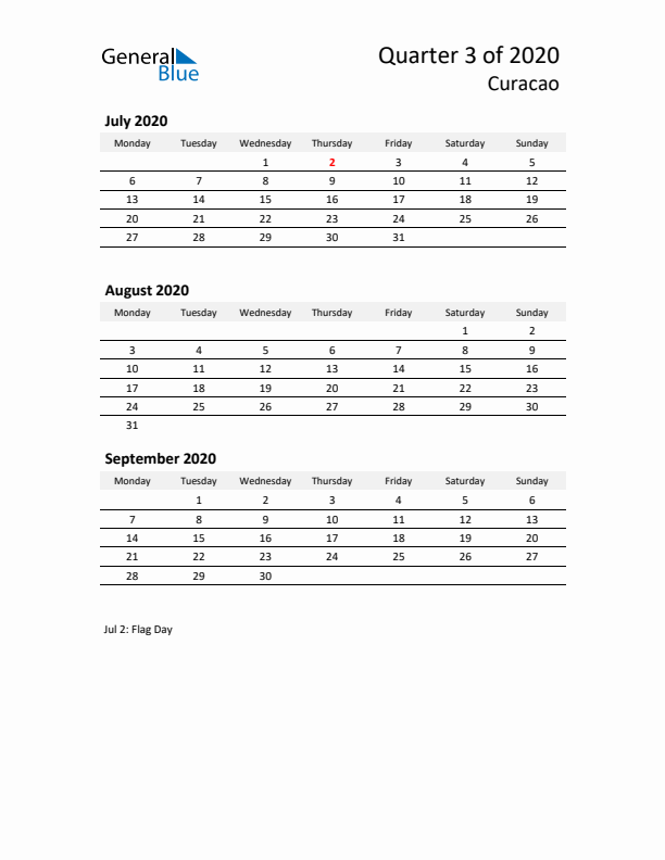 2020 Q3 Three-Month Calendar for Curacao