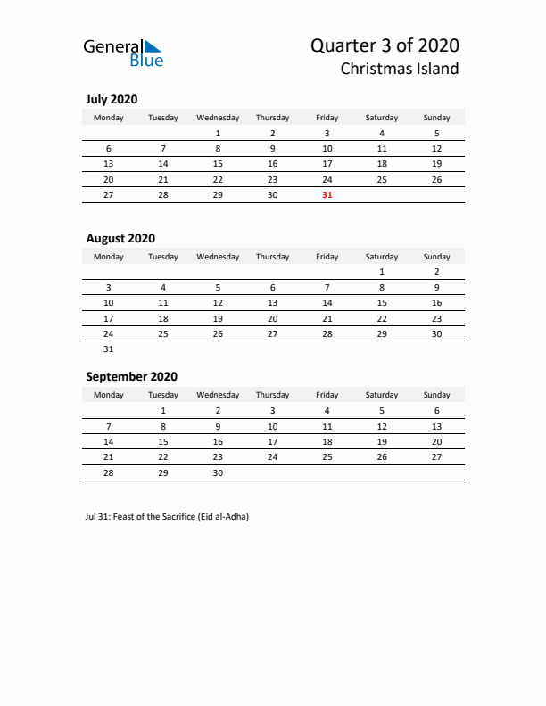 2020 Q3 Three-Month Calendar for Christmas Island