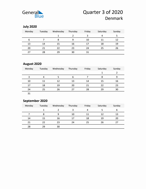 2020 Q3 Three-Month Calendar for Denmark