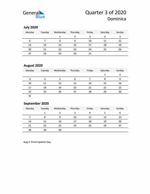 2020 Q3 Three-Month Calendar for Dominica