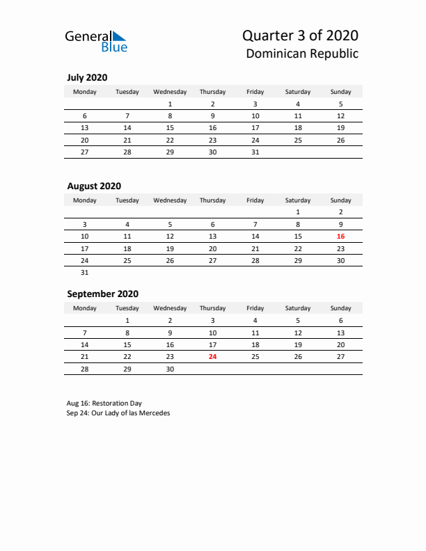 2020 Q3 Three-Month Calendar for Dominican Republic