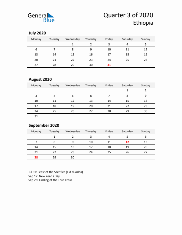 2020 Q3 Three-Month Calendar for Ethiopia