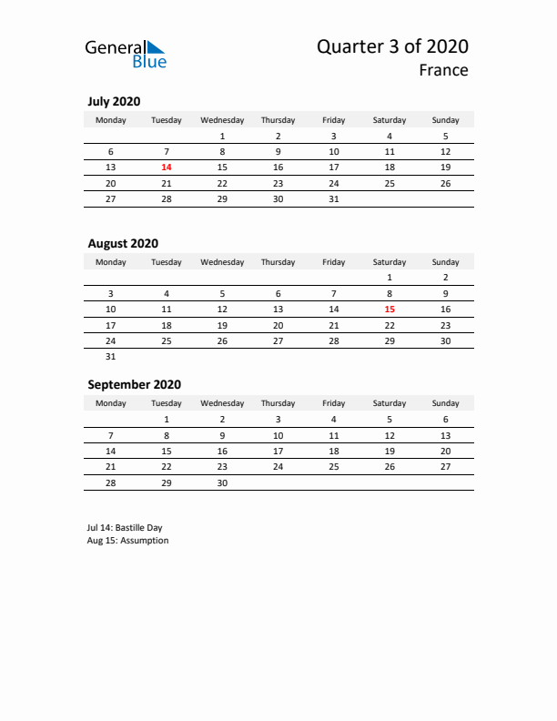 2020 Q3 Three-Month Calendar for France