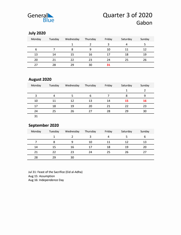 2020 Q3 Three-Month Calendar for Gabon