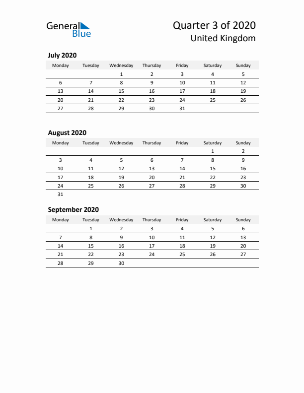 2020 Q3 Three-Month Calendar for United Kingdom