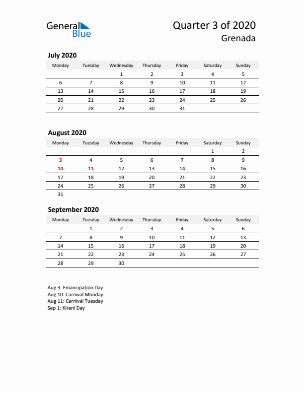 2020 Q3 Three-Month Calendar for Grenada