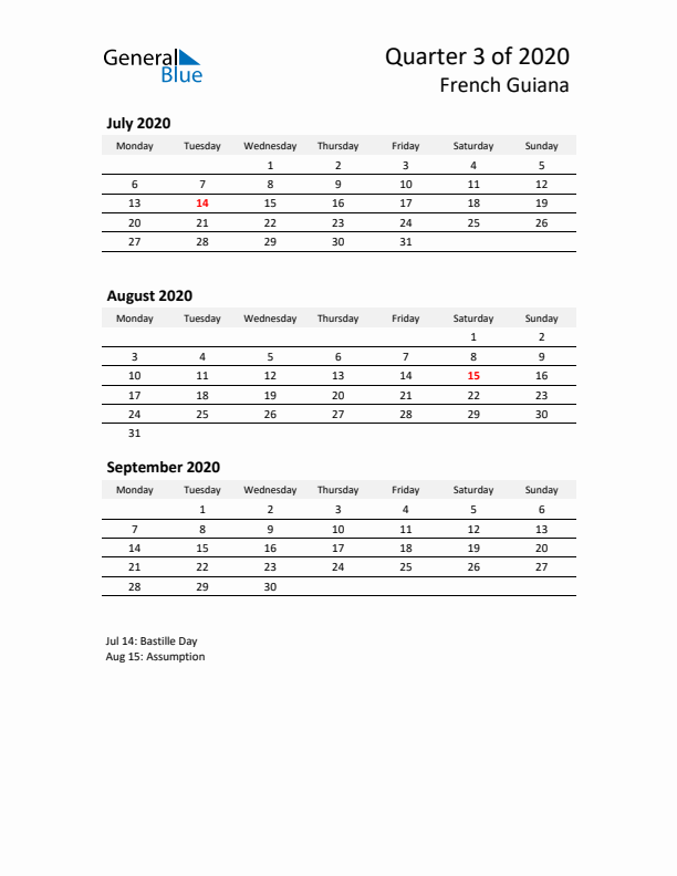 2020 Q3 Three-Month Calendar for French Guiana