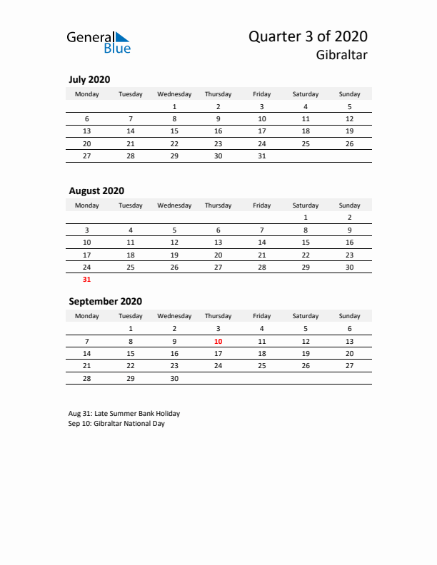 2020 Q3 Three-Month Calendar for Gibraltar