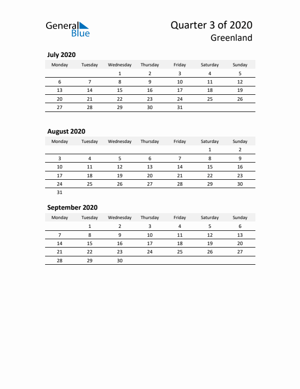 2020 Q3 Three-Month Calendar for Greenland