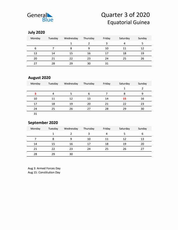 2020 Q3 Three-Month Calendar for Equatorial Guinea