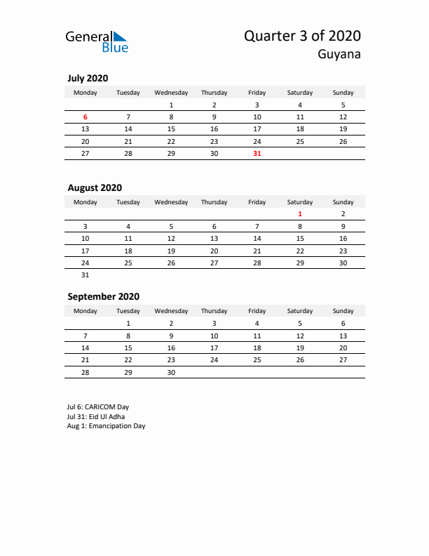 2020 Q3 Three-Month Calendar for Guyana