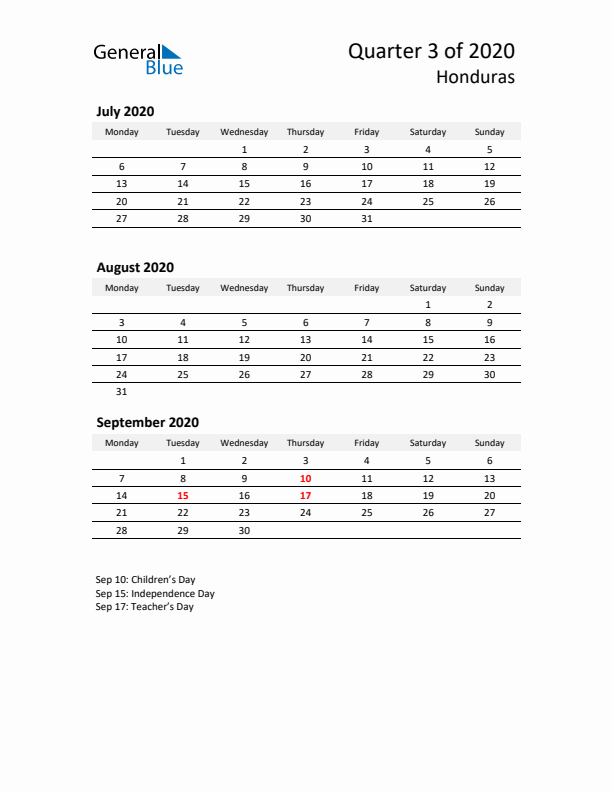 2020 Q3 Three-Month Calendar for Honduras