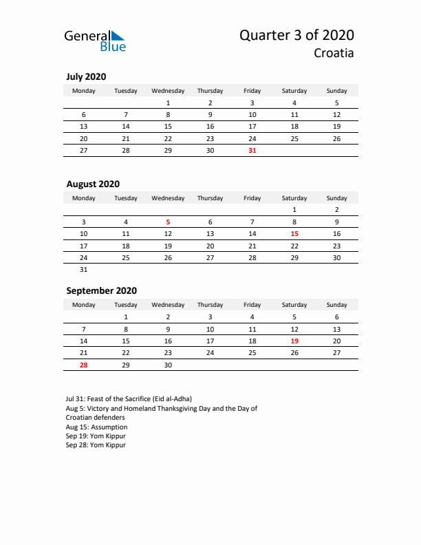 2020 Q3 Three-Month Calendar for Croatia