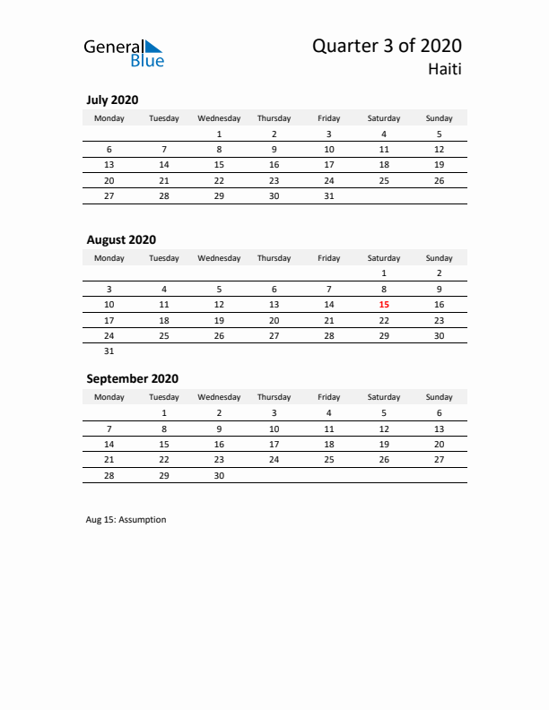 2020 Q3 Three-Month Calendar for Haiti