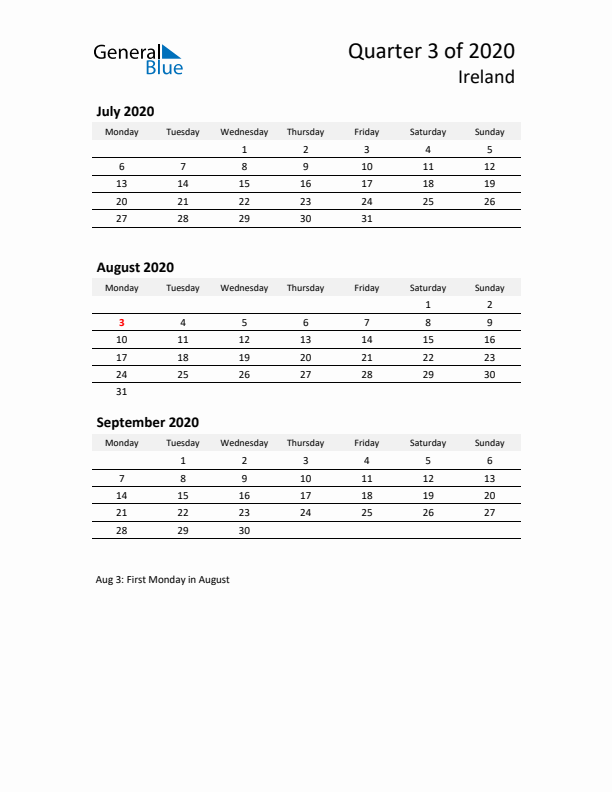 2020 Q3 Three-Month Calendar for Ireland