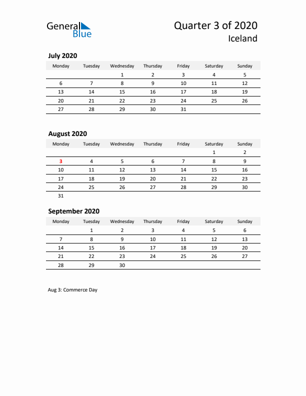 2020 Q3 Three-Month Calendar for Iceland