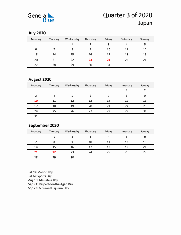 2020 Q3 Three-Month Calendar for Japan