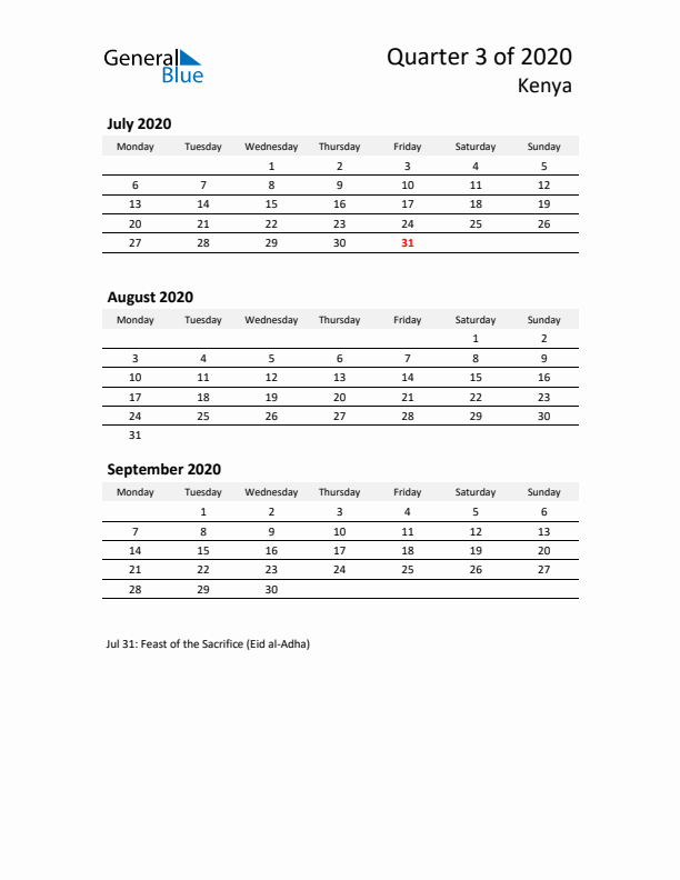 2020 Q3 Three-Month Calendar for Kenya