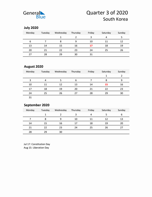 2020 Q3 Three-Month Calendar for South Korea