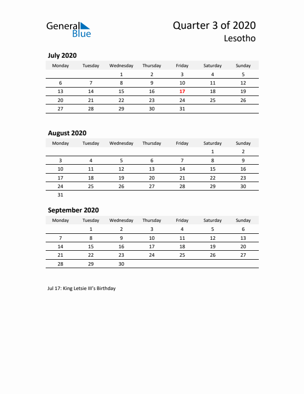 2020 Q3 Three-Month Calendar for Lesotho