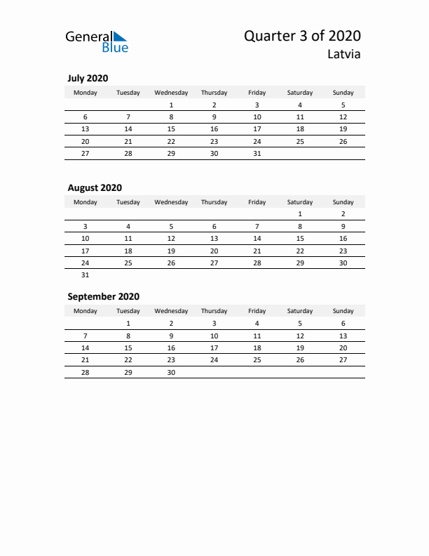 2020 Q3 Three-Month Calendar for Latvia