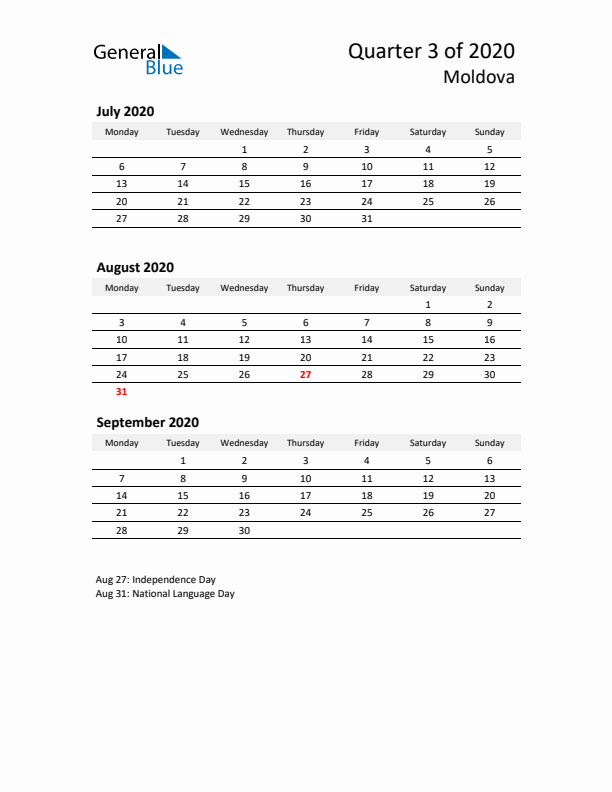 2020 Q3 Three-Month Calendar for Moldova