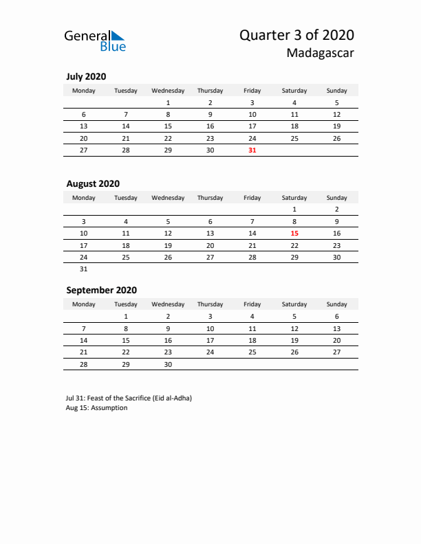 2020 Q3 Three-Month Calendar for Madagascar