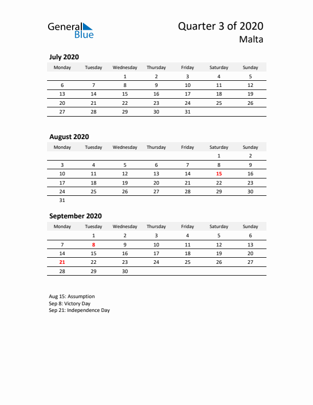 2020 Q3 Three-Month Calendar for Malta