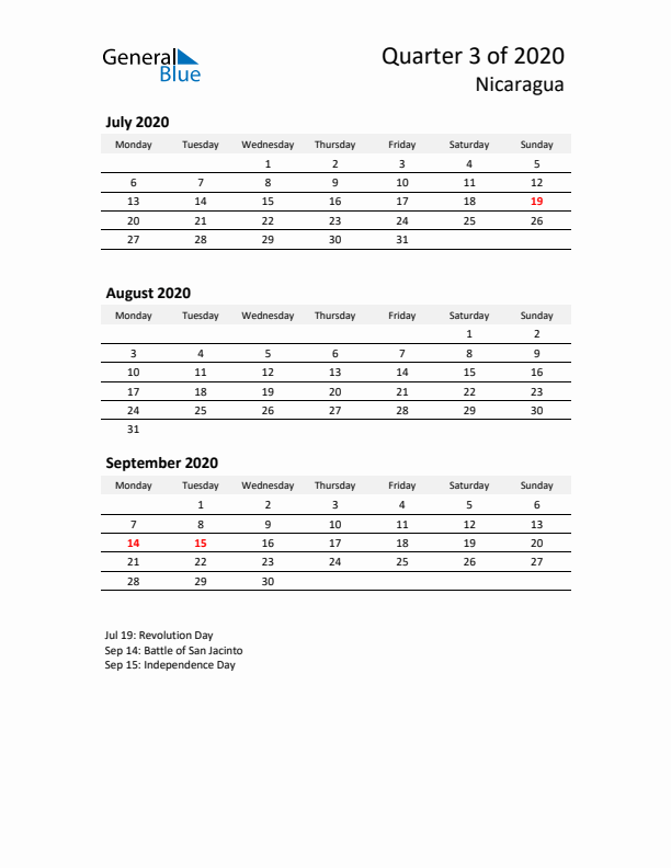 2020 Q3 Three-Month Calendar for Nicaragua