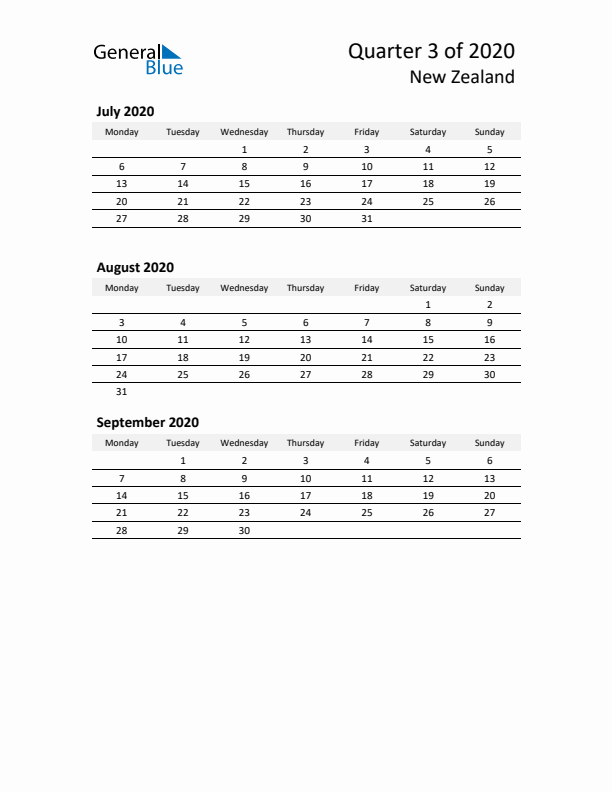 2020 Q3 Three-Month Calendar for New Zealand