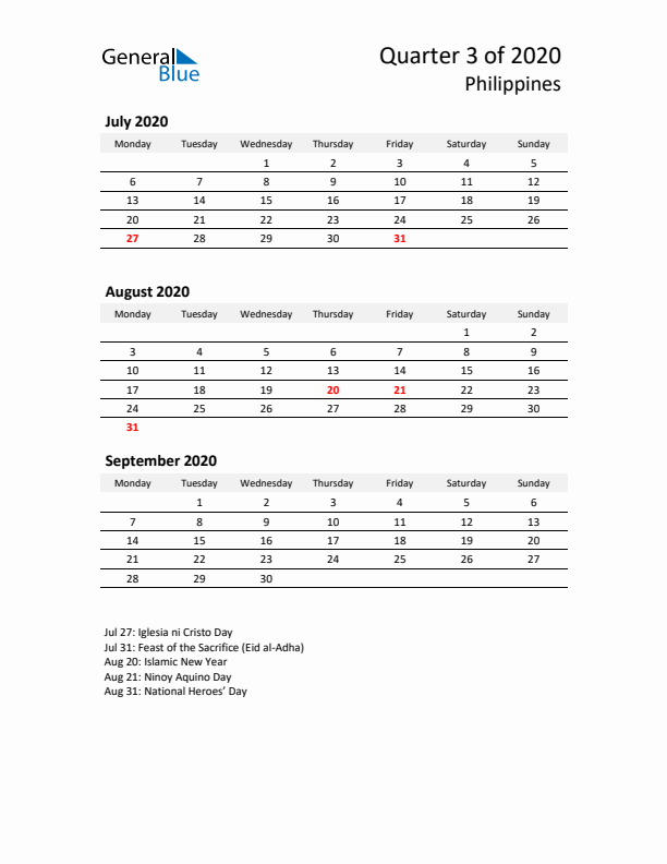 2020 Q3 Three-Month Calendar for Philippines