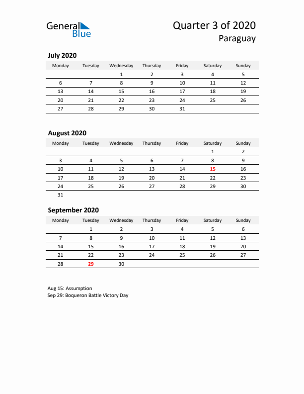 2020 Q3 Three-Month Calendar for Paraguay