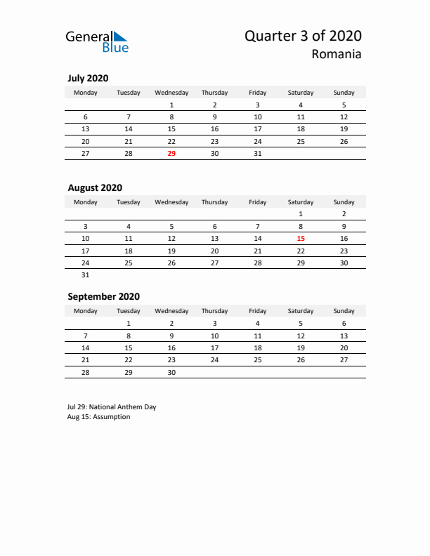 2020 Q3 Three-Month Calendar for Romania