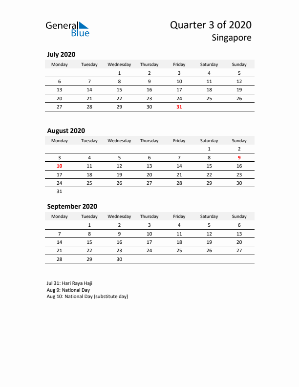 2020 Q3 Three-Month Calendar for Singapore