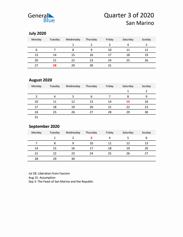 2020 Q3 Three-Month Calendar for San Marino