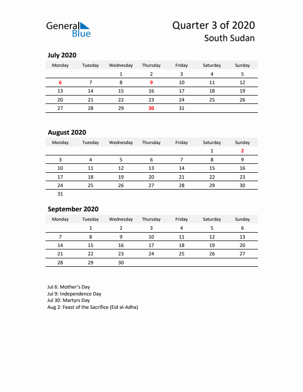 2020 Q3 Three-Month Calendar for South Sudan