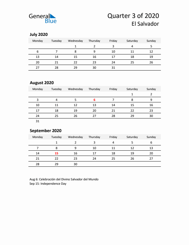 2020 Q3 Three-Month Calendar for El Salvador