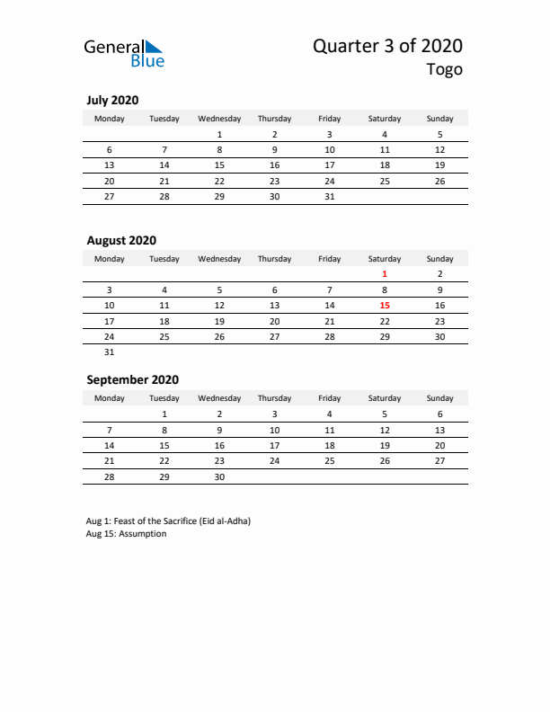 2020 Q3 Three-Month Calendar for Togo