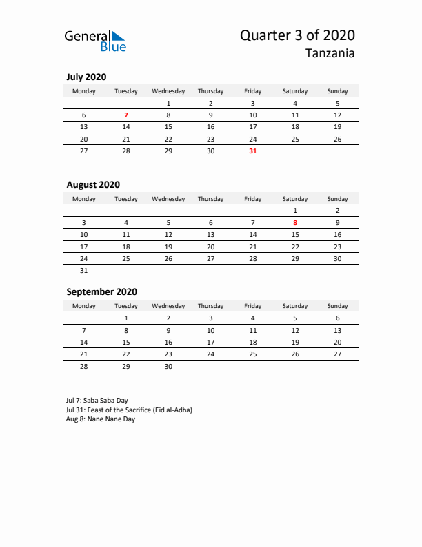 2020 Q3 Three-Month Calendar for Tanzania