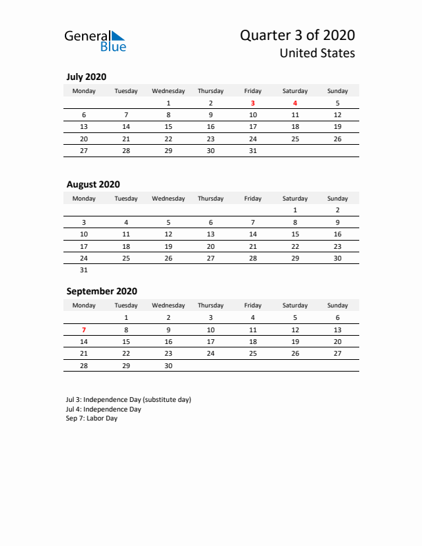 2020 Q3 Three-Month Calendar for United States