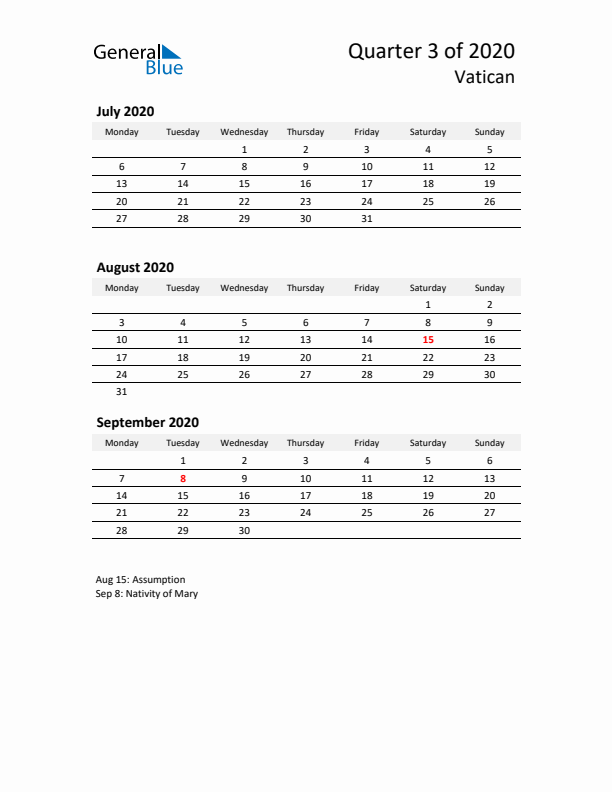 2020 Q3 Three-Month Calendar for Vatican