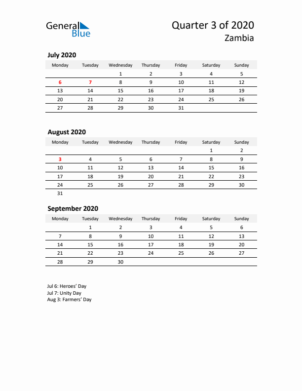 2020 Q3 Three-Month Calendar for Zambia