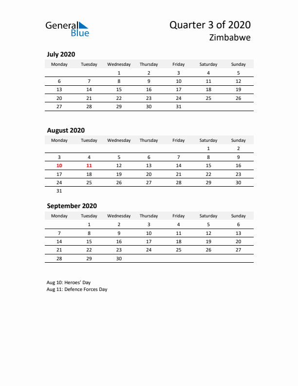 2020 Q3 Three-Month Calendar for Zimbabwe