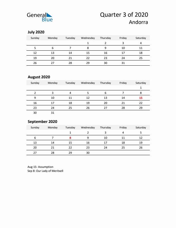 2020 Q3 Three-Month Calendar for Andorra